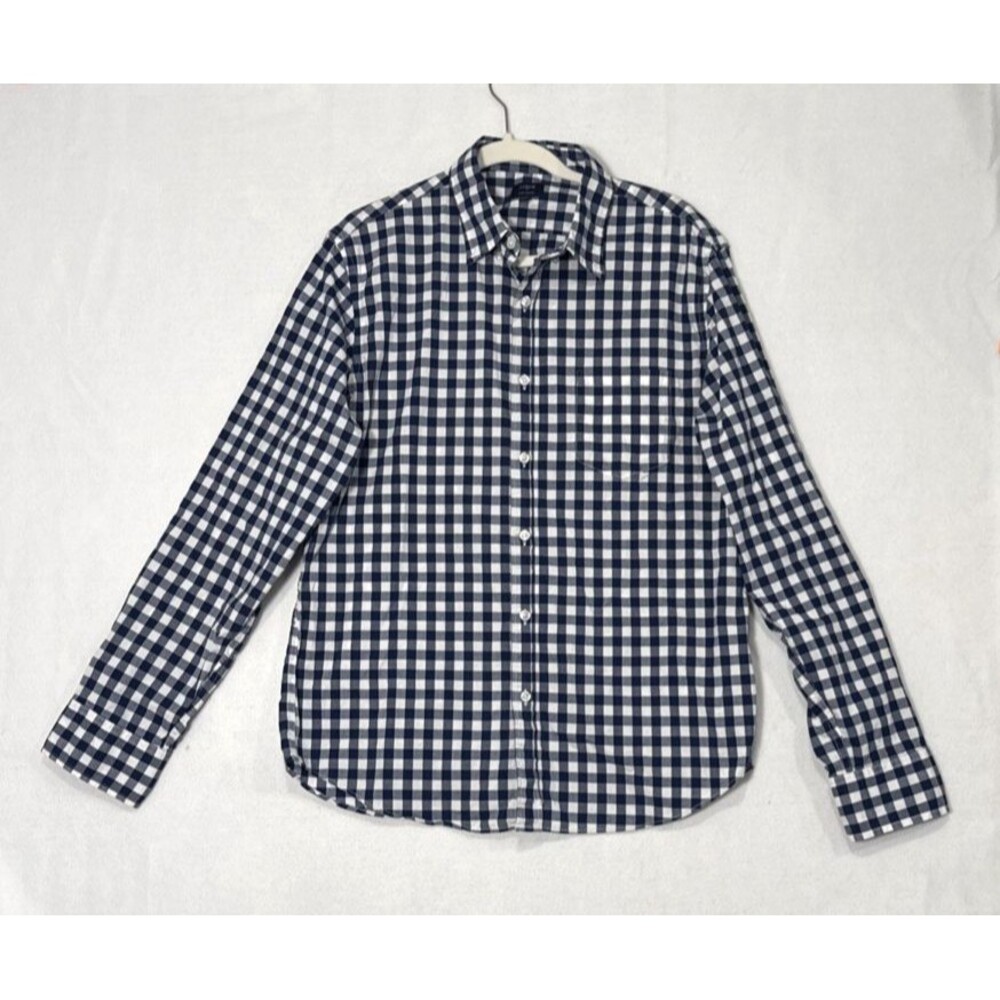 J. Crew Men's LG Slim Fit Flex Wash Navy Blue Gingham Button Down Shirt Preppy